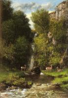 Courbet, Gustave - A Family of Deer in a Landscape with a Waterfall